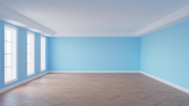 istock Frontal View of the Empty Room with Pale Blue Walls, White Ceiling and Cornice 1434374562
