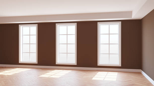 istock Sunny Room with Brown Walls, Three Large Windows, Light Glossy Parquet 1434375060