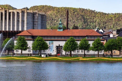 Bergen, Norway – June 04, 2013: The facade of a historical building in Lille Lungegardsvannet lake in Bergen, Norway