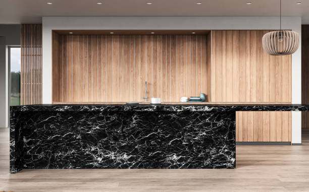 istock A close up of a modern white kitchen with rectangular black marble breakfast kitchen island 1434375851