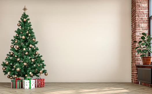 Empty unfurnished nostalgic retro living room with a few wrapped gifts under the Christmas decorated tree in front of an empty cappuccino beige plaster wall with copy space. A partly ruined brick wall with a radiator heater under the window on a side and decoration (potted plant ficus) on the hardwood floor. 3D rendered image.