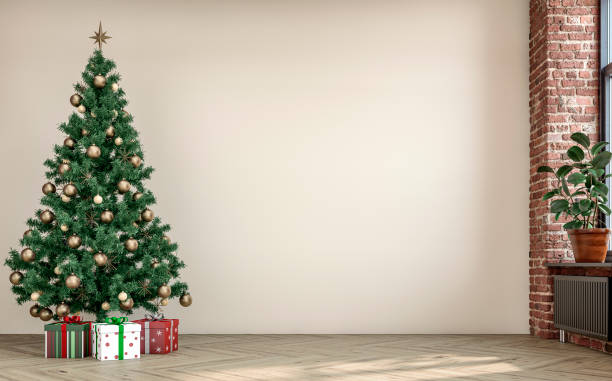 Empty unfurnished nostalgic retro living room with a white plaster wall and partly ruined brick wall and Christmas decoration stock photo