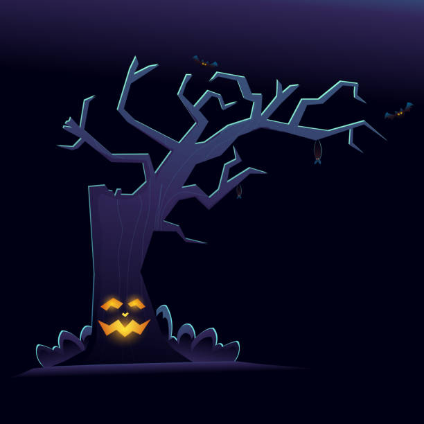 istock Halloween spooky night withsmiling trees and flying bats. Halloween trick or treat greeting invitation card 1434376243