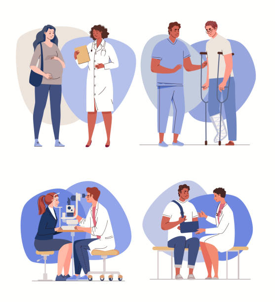 gruppe von ärzten und patienten. beratung, diagnose, behandlung von erwachsenen. sammlung von szenen des medizinischen dienstes. - seth stock-grafiken, -clipart, -cartoons und -symbole