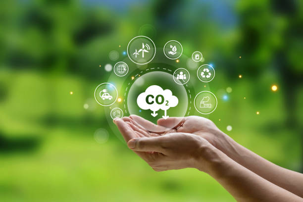 CO2 emission in hand of human for environment. stock photo