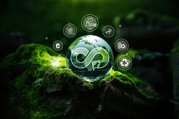 istock Crystal globe with circular economy icon on moss. 1434377800