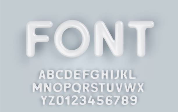 3d biały plastikowy alfabet z błyszczącą powierzchnią na szarym tle. - uppercase stock illustrations