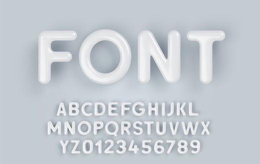 3D White plastic alphabet with a glossy surface on a gray background .