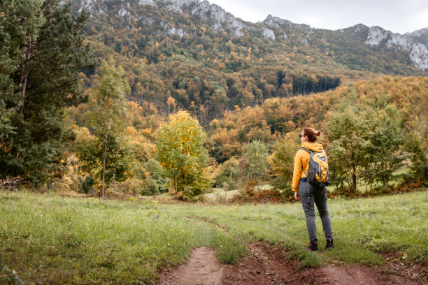istock Woman enjoying autumn walk in mountains alone 1434378943