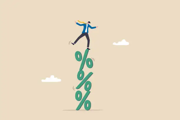 Vector illustration of Risky interest rate hike causing business slow down or investment crisis, risk of economic recession, unstable financial or banking debt problem concept, businessman balance on percentage stack.
