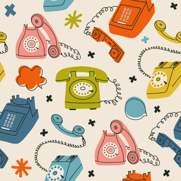 telephone seamless pattern Seeamless pattern with vintage telephones. Hand drawn colorful background with wire and cell phones. Flat vector pattern wallpaper with retro gadgets for textile and fabric. Isolated dial telephone, wireless telephone, phone systems, handset, desk phone. rotary dial telephone cartoons stock illustrations