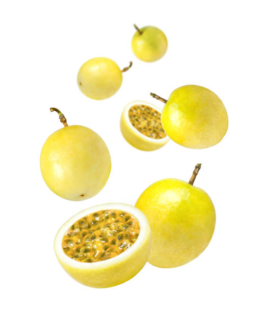 Yellow passion fruit isolated on white background. stock photo