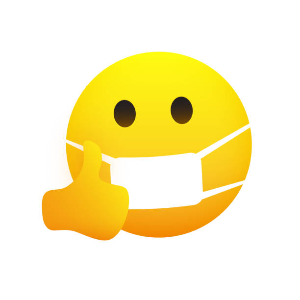 istock Serious Looking Emoticon Showing Thumbs Up and Wearing Medical Mask 1434384497