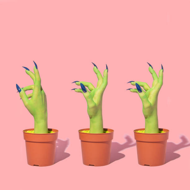 istock Halloween creative pattern with witch hands  growing from flower pots on pastel pink background. 80s, 90s retro aesthetic style romantic concept. Minimal fashion surreal idea. 1434387423