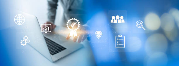 istock ISO Certification of standards quality control assurance business technology concept. Businessman touching virtual screen iso certification icon to guarantee. 1434389968