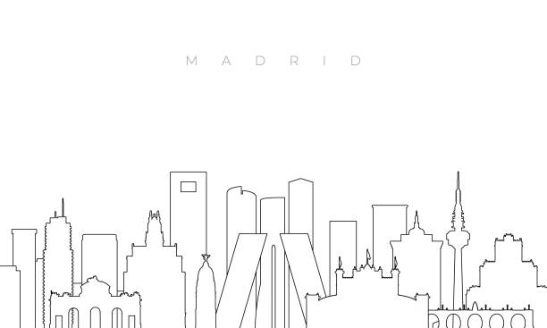 ilustraciones, imágenes clip art, dibujos animados e iconos de stock de perfila el horizonte de madrid. plantilla de moda con edificios y monumentos de madrid en estilo de línea. diseño de vectores de stock. - madrid