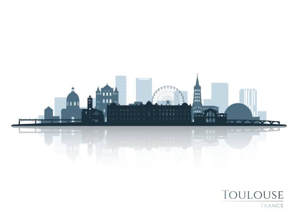 stockillustraties, clipart, cartoons en iconen met toulouse skyline silhouette with reflection. - toulouse