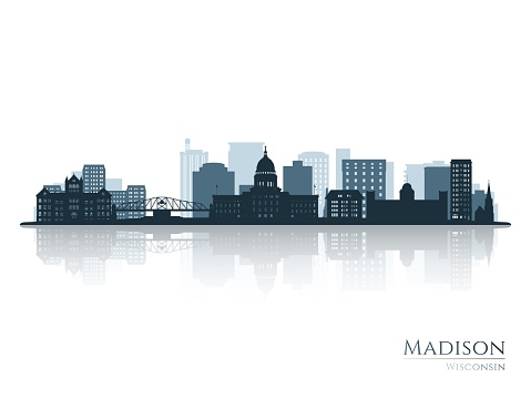 Madison skyline silhouette with reflection. Landscape Madison, Wisconsin. Vector illustration.