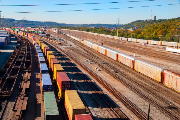 istock Cargo Container Distribution Sight with full and empty Railroad cars 1434391443