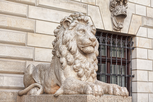 Stone lion sculpture . Monument of lion near Rathaus in Hamburg Germany