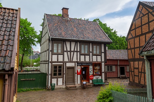 Oslo, Norway – June 06, 2013: The historic houses in the Norwegian Museum of Cultural History in Oslo, Norway