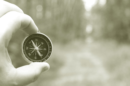 classic compass in hand on natural background