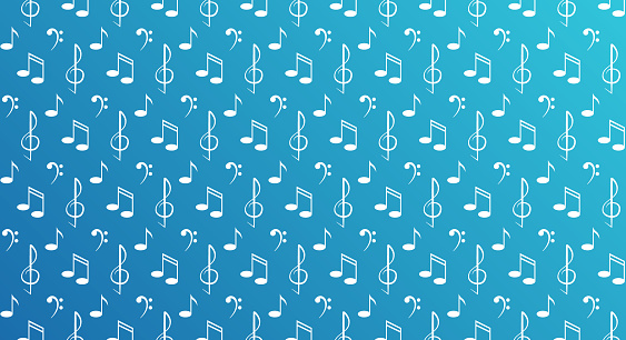 A pattern of musical symbols on a blue gradient background
