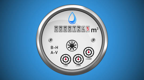 ilustraciones, imágenes clip art, dibujos animados e iconos de stock de medidor mecánico de volumen de agua aislado sobre fondo azul. - pressure gauge gauge physical pressure pipeline