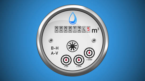 ilustrações, clipart, desenhos animados e ícones de medidor mecânico de volume de água isolado em fundo azul. - water meter