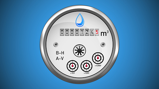 Mechanical water volume meter isolated on blue background.