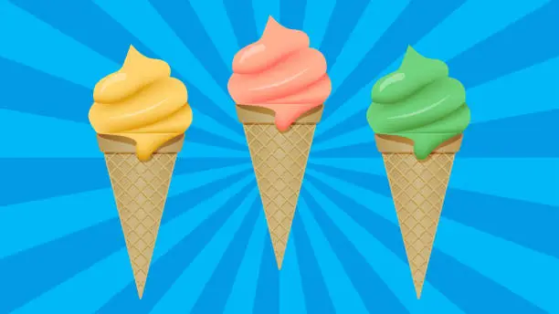 Vector illustration of A colored Ice cream in a waffle cone on a blue background