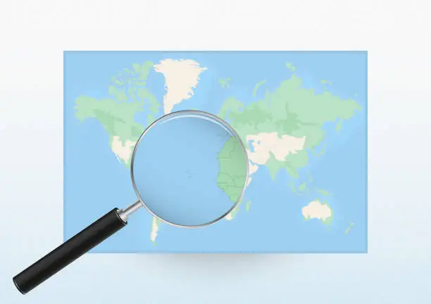 Vector illustration of Map of the World with a magnifying glass aimed at Cape Verde, searching Cape Verde with loupe.