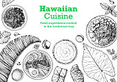 istock Hawaiian food top view vector illustration. Food menu design template. Hand drawn sketch. Hawaiian food menu. Vintage style. Kalua Pork, Saimin Noodle Soup, Poke Bowl, Poi, Lau Lau. 1434397050