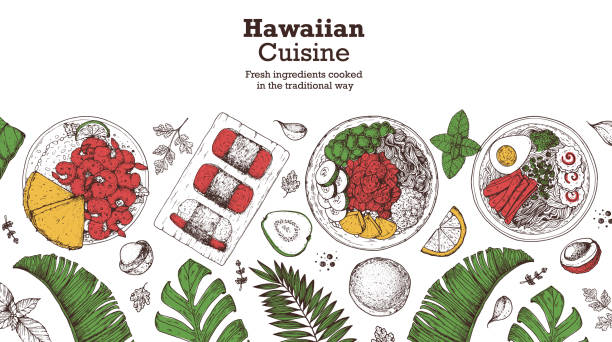 Hawaiian food top view vector illustration. Food menu design template. Hand drawn sketch. Hawaiian food menu. Vintage style. Garlic Shrimp, Spam Musubi, Poke Bowl, Saimin Noodle Soup Hawaiian food top view vector illustration. Food menu design template. Hand drawn sketch. Hawaiian food menu. Vintage style. Garlic Shrimp, Spam Musubi, Poke Bowl, Saimin Noodle Soup spam meat stock illustrations