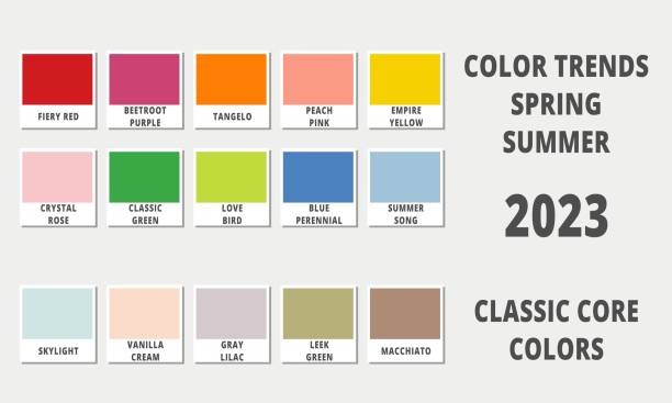 illustrazioni stock, clip art, cartoni animati e icone di tendenza di tendenze colore moda primavera estate 2023. guida ai colori di moda con campioni di colore denominati, colori rgb, hex - campione di colore