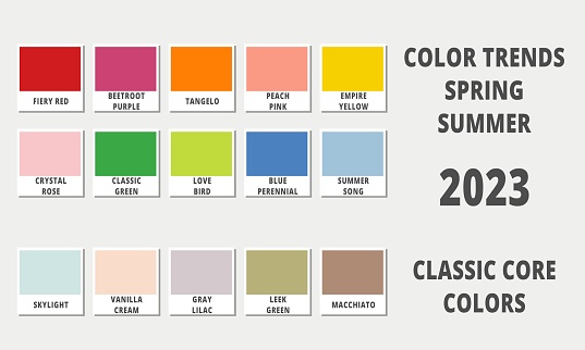 Fashion color trends spring summer 2023. Fashion color guide with named color swatches, RGB, HEX colors. Vector illustration