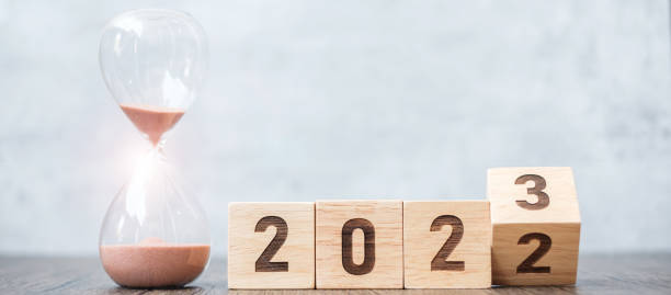 istock flip block 2022 to 2023 text with hourglass on table. Resolution, time, plan, goal, motivation, reboot, countdown  and New Year holiday concepts 1434400181