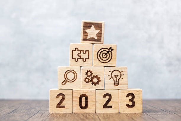 istock 2023 wood block with business success, goal, strategy, target, mission, action, objective, teamwork, plan, idea and New Year start concept 1434400235