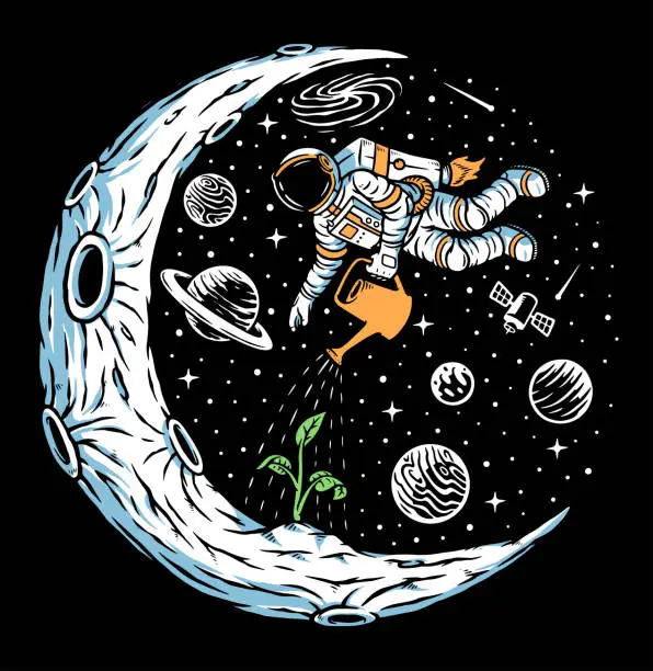 Vector illustration of Astronaut plant trees on the moon illustration