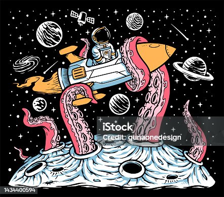 istock Monsters attack astronaut rocket in space illustration 1434400594