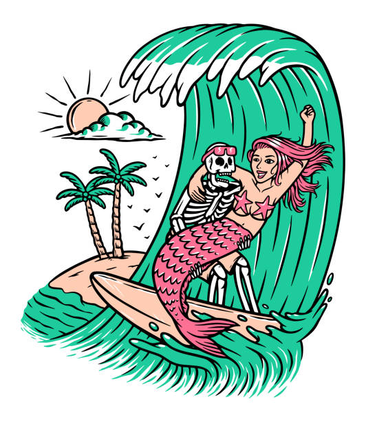 ilustraciones, imágenes clip art, dibujos animados e iconos de stock de ilustración de surf de calaveras y sirenas - mala de la sirenita