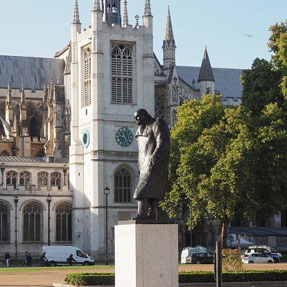 London, UK - Circa October 2022: Statue of Winston Churchill in Parliament Square by sculptor Ivor Roberts Jones circa 1973