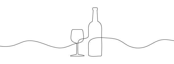 와인 병과 와인 잔은 하나의 연속 라인으로 그려집니다. 벡터 일러스트레이션. - wine bottle wineglass wine bottle stock illustrations
