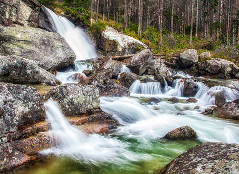 Water flowing at waterfall called Vodopady Studeneho potoka in High Tatras mountains in Sovakia. Long exposure photography