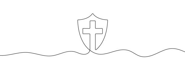 ilustrações, clipart, desenhos animados e ícones de desenho de uma única linha contínua de um logotipo da igreja. uma linha contínua de um logotipo da igreja. - cross shape cross heart shape jesus christ