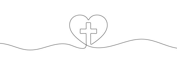 ilustrações, clipart, desenhos animados e ícones de desenho de uma única linha contínua de um logotipo da igreja. uma linha contínua de um logotipo da igreja. - cross shape cross heart shape jesus christ