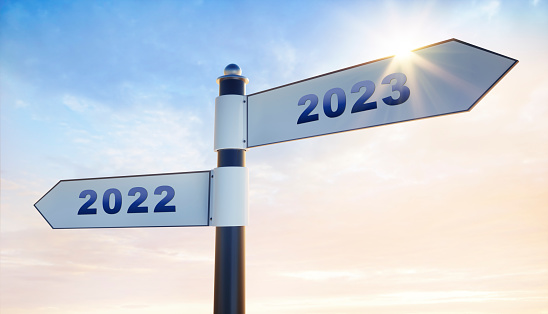 Signpost over evening sky with the numbers year 2022 and 2023