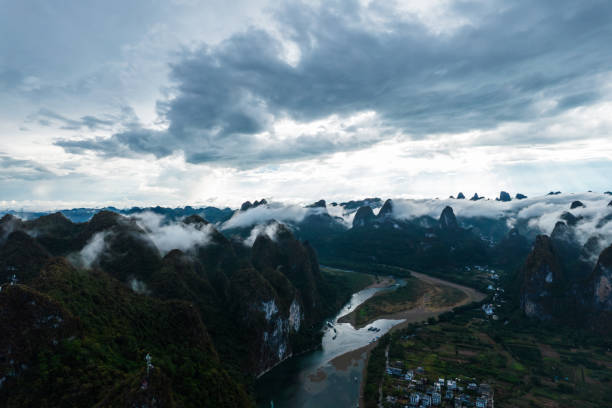 Aerial viewo of great landscape of Guilin at foggy day stock photo