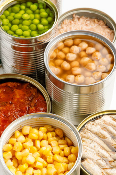istock Processed canned food, long shelf life vegetables and fish. vertically. 1434408711