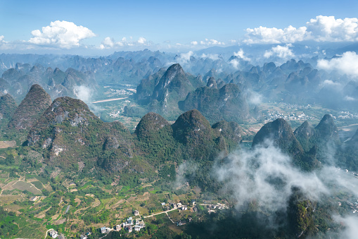 Aerial view of great Landscape at foggy day, Yangshuo Country, Guilin